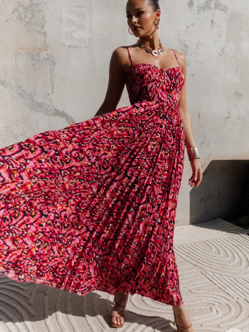Petal & Pup Achanti Pink Printed Pleated Maxi Dress